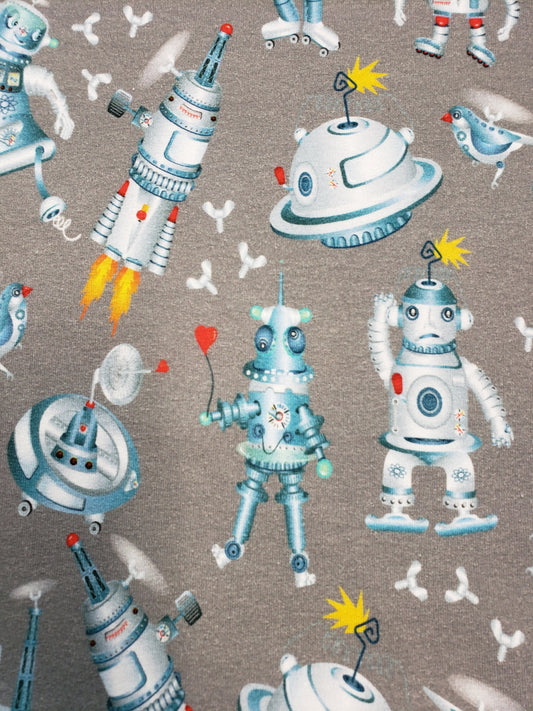 1m Organic Cotton, Sommer Sweat, French Terry, Stoff,  Roboter Space, grau