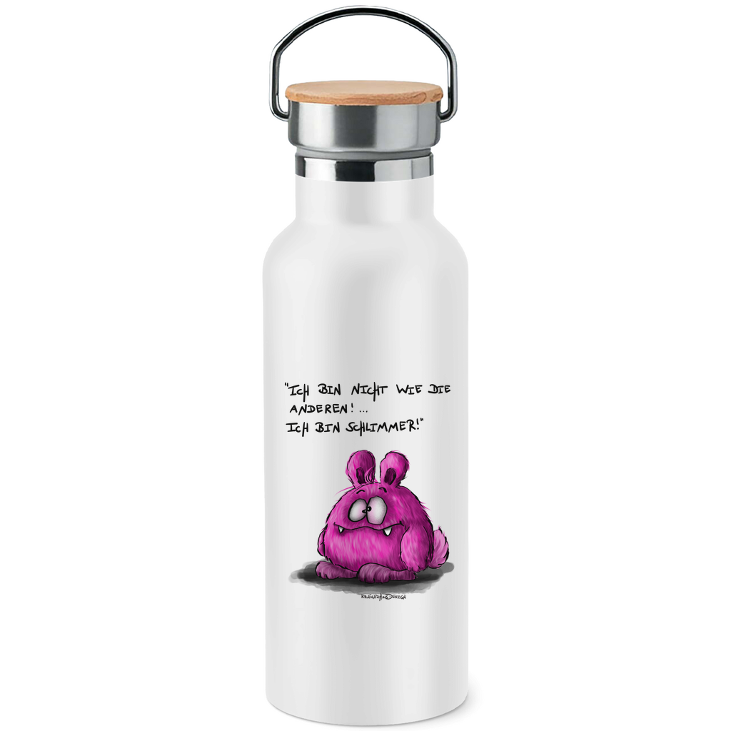 Edelstahl-Trinkflasche mit Bambusdeckel, Kruegerhausdesign Monster mit Spruch, Ich bin nicht wie die anderen, pink, #4