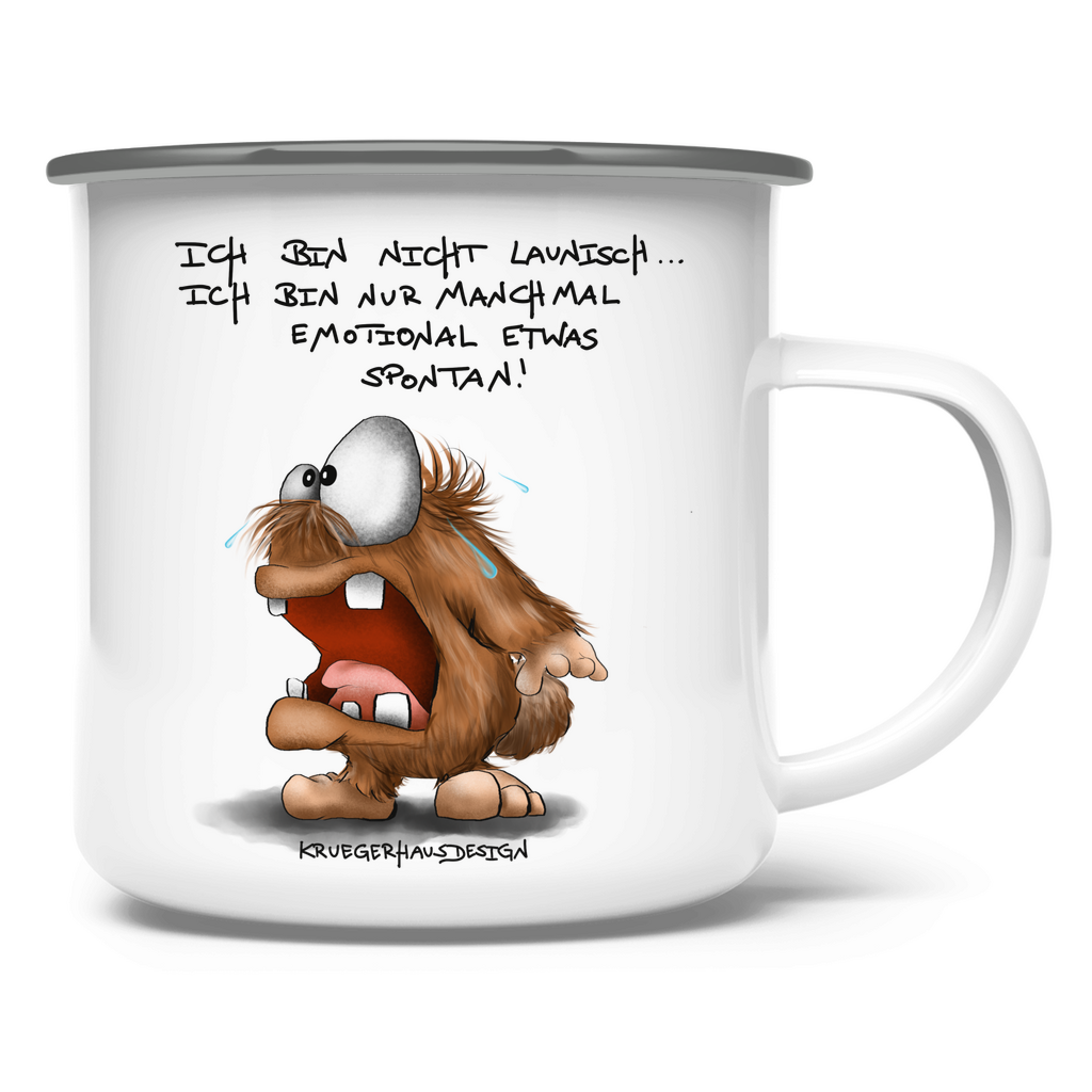 Emaille Tasse, Outdoor, Camping, Kruegerhausdesign Monster mit Spruch, Hugo, ich bin nicht launisch...#174