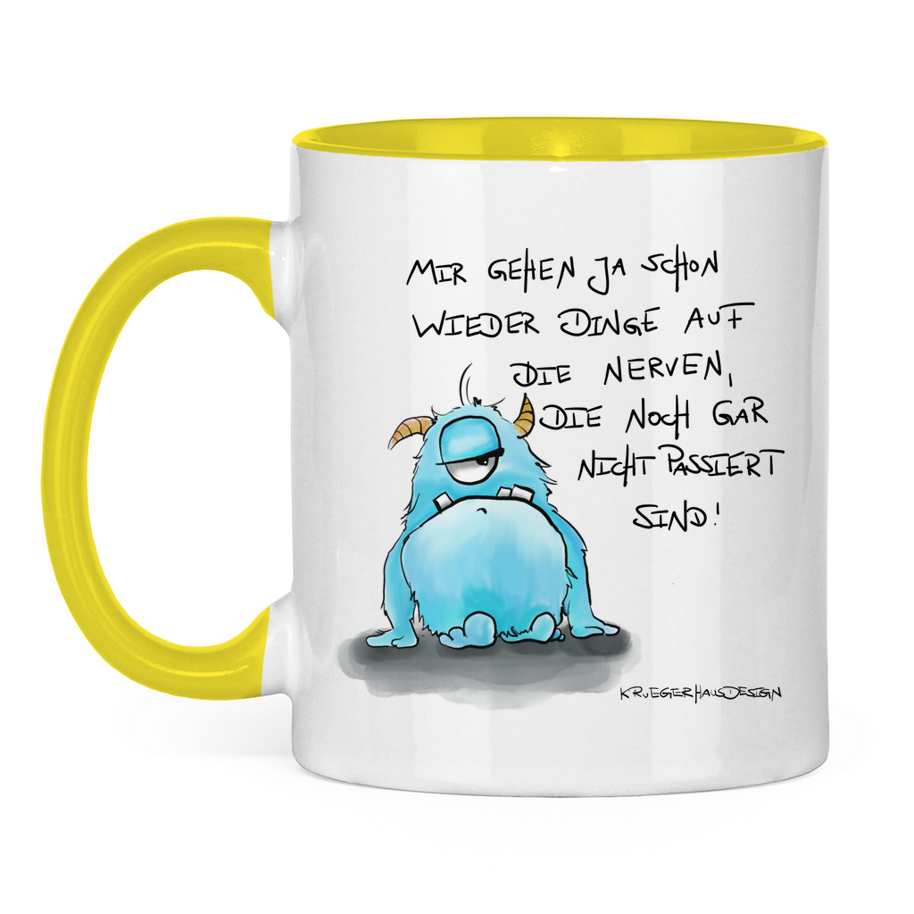 Tasse zweifarbig,Kaffeetasse, Teetasse, Kruegerhausdesign Monster mit Spruch, Mir gehen ja schon wieder Dinge auf die Nerven... #59