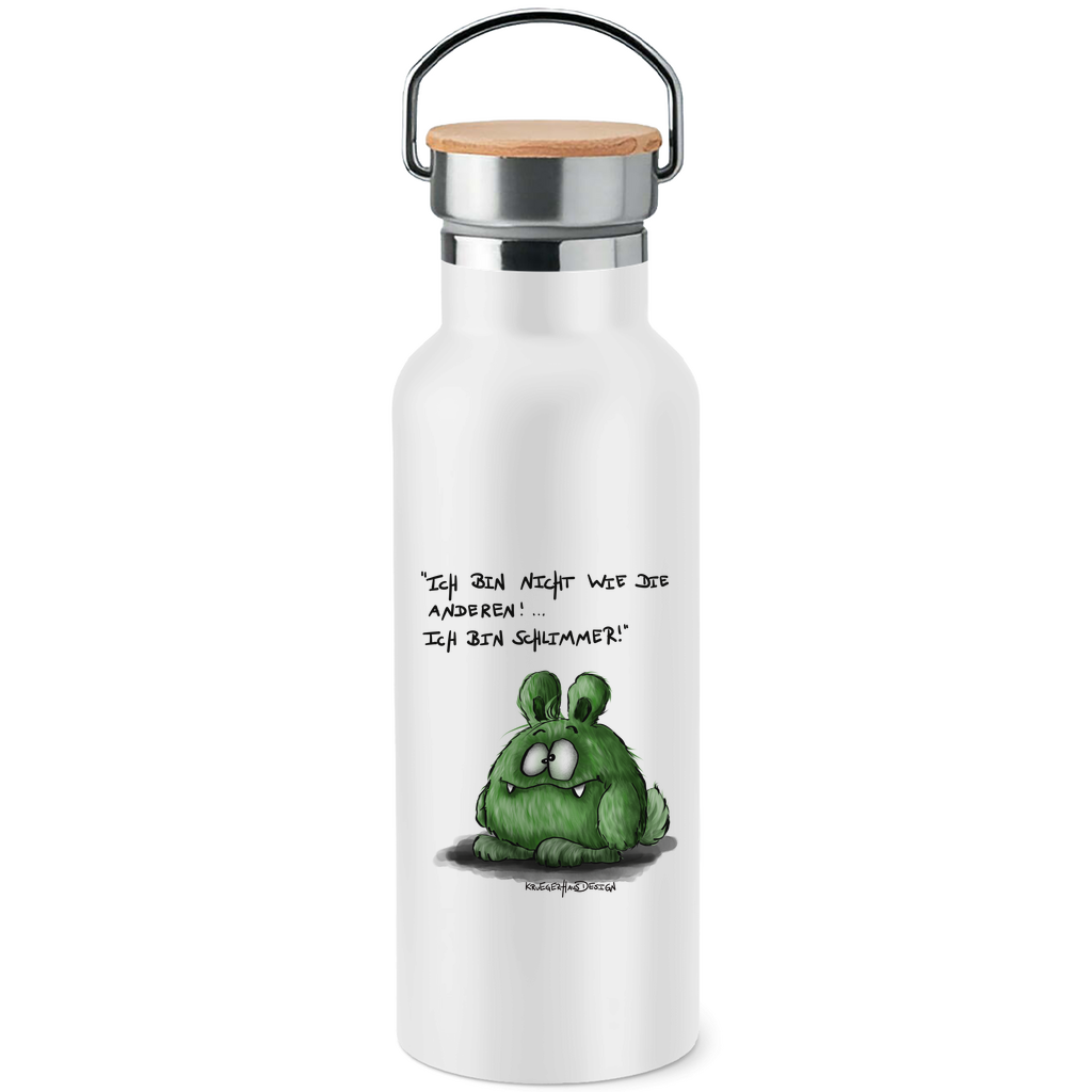 Edelstahl-Trinkflasche mit Bambusdeckel,  Kruegerhausdesign Monster mit Spruch, Ich bin nicht wie die anderen, grün #3