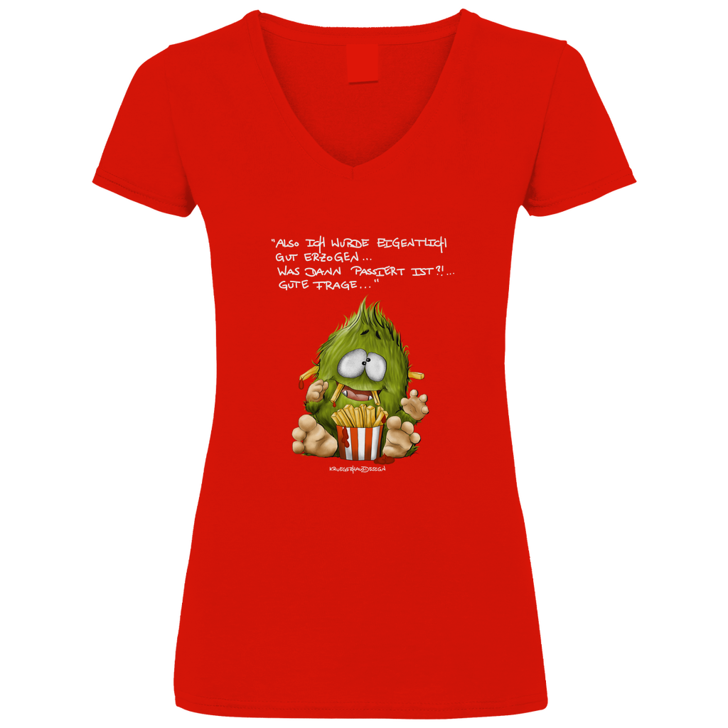 Damen Basic V-Neck T-Shirt, Kruegerhausdesign Monster Spruch helle Schrift, also eigentlich bin ich gut... 297a