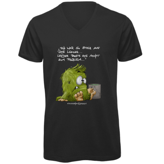 Herren Premium Bio V-Neck T-Shirt, Kruegerhausdesign Monster mit Spruch, helle Schrift, Ich war so stolz auf die Lösung, 298A