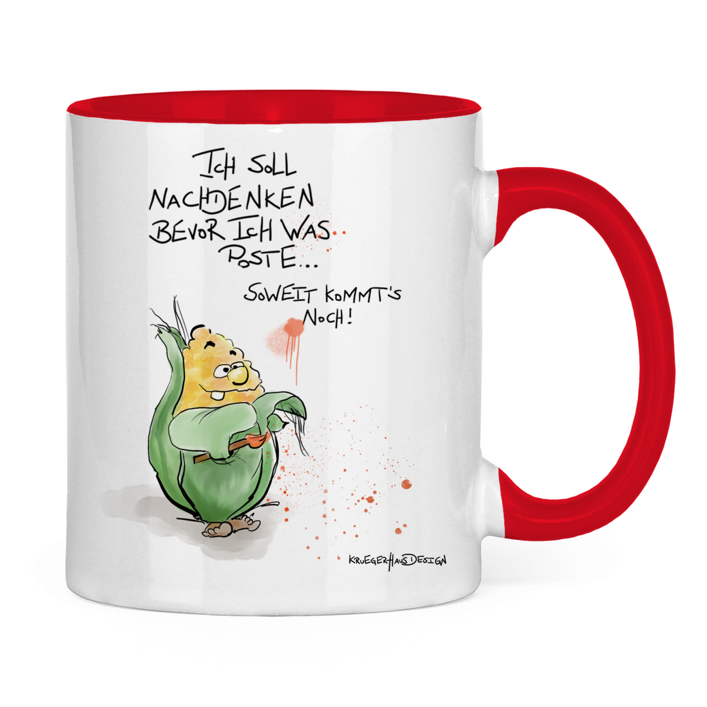 Tasse zweifarbig, Kaffeetasse, Teetasse, Kruegerhausdesign Monster mit Spruch, Ich soll nachdenken bevor ich was... #8