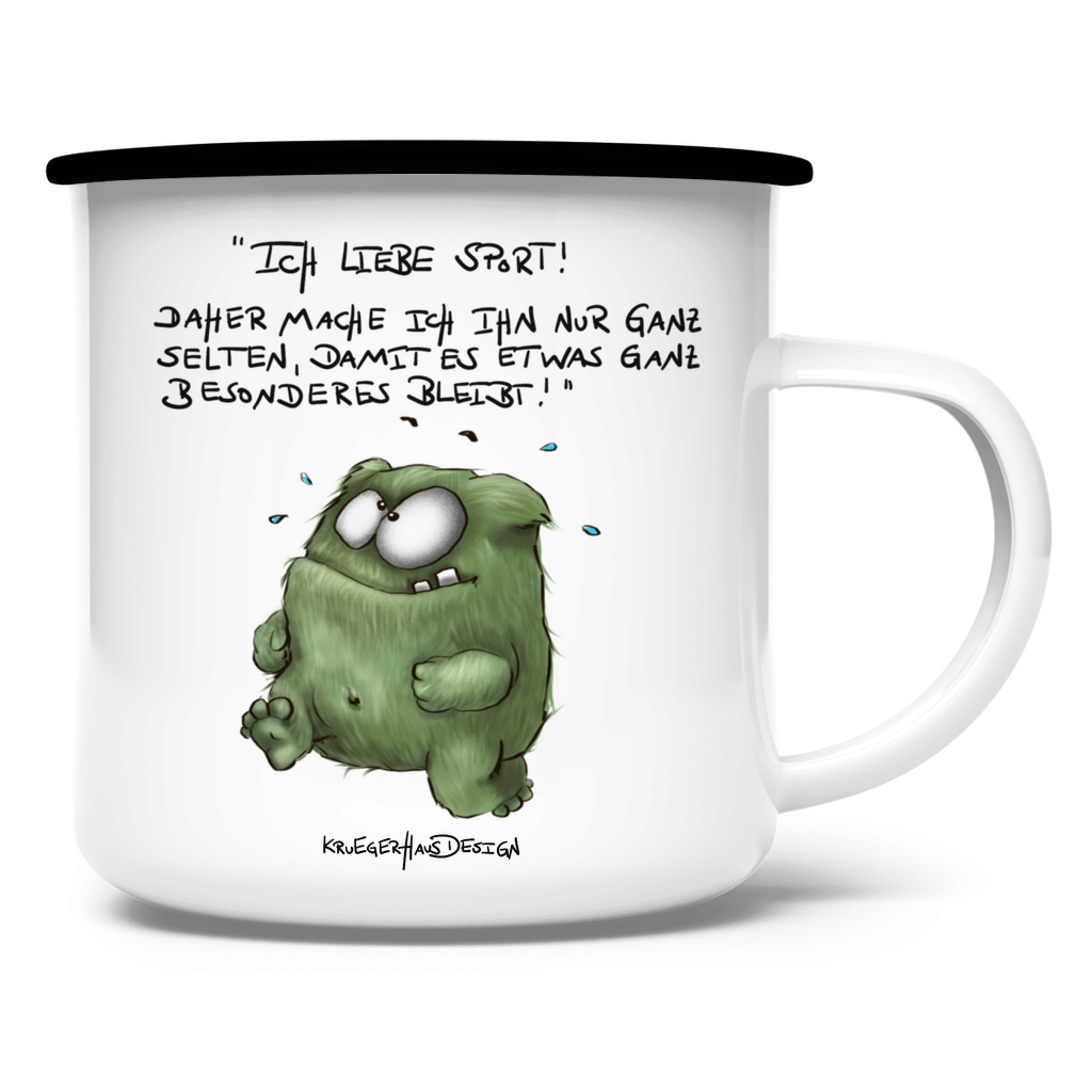 Emaille Tasse, Outdoor, Camping, Kruegerhausdesign Monster und Spruch, Ich liebe Sport! ... #27