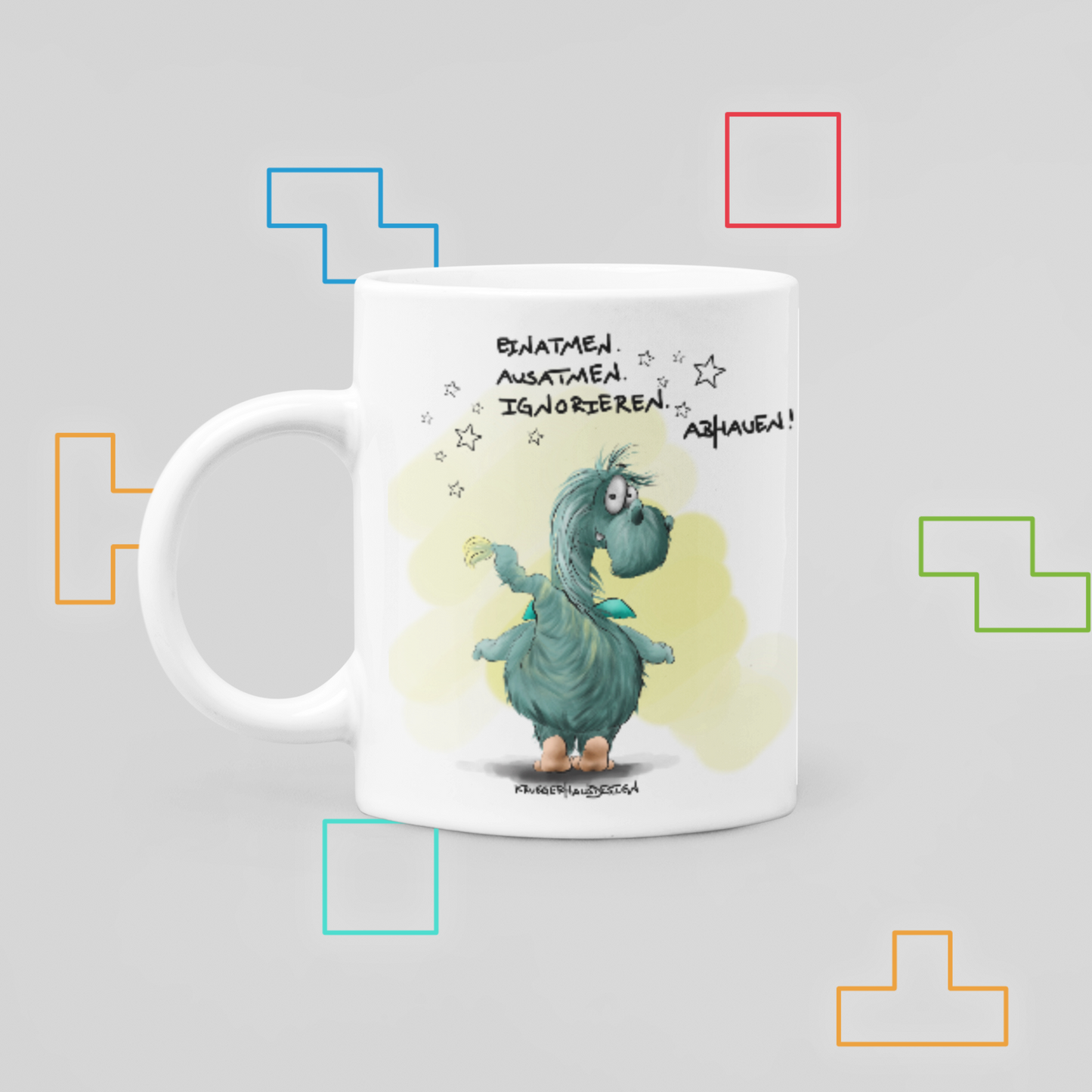 Tasse, Kaffeetasse Kruegerhausdesign Monster und Spruch "Einatmen. Ausatmen..." Volldruck