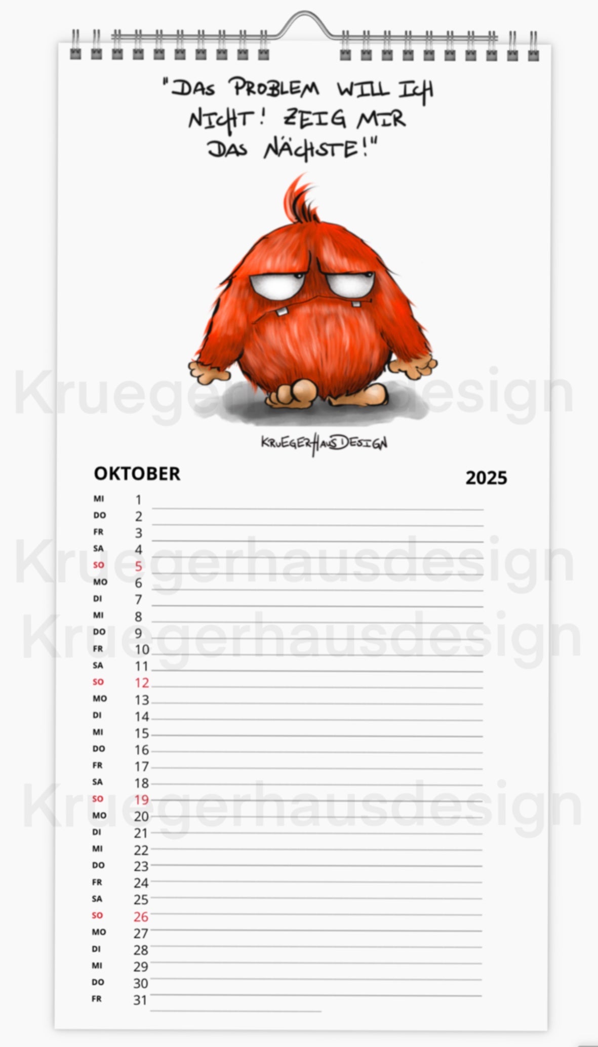 Kalender Terminkalender Küchenkalender groß  Kruegerhausdesign Monster 2025 Design  2