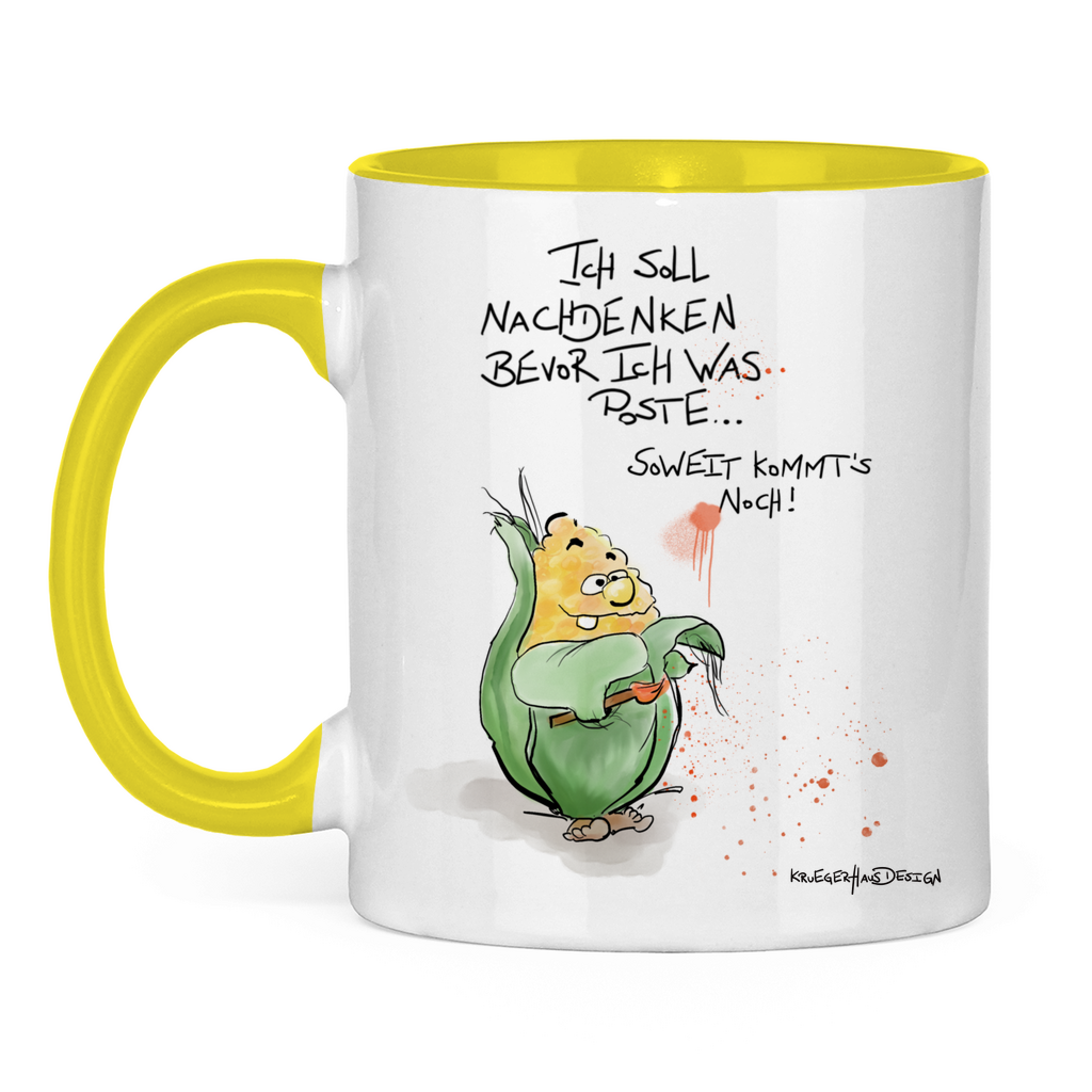 Tasse zweifarbig, Kaffeetasse, Teetasse, Kruegerhausdesign Monster mit Spruch, Ich soll nachdenken bevor ich was... #8