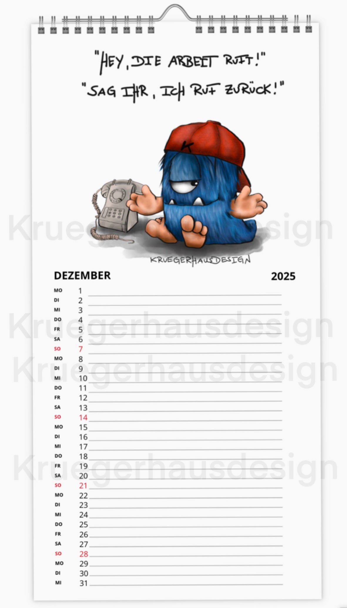 Kalender Terminkalender Küchenkalender groß  Kruegerhausdesign Monster 2025 Design  2