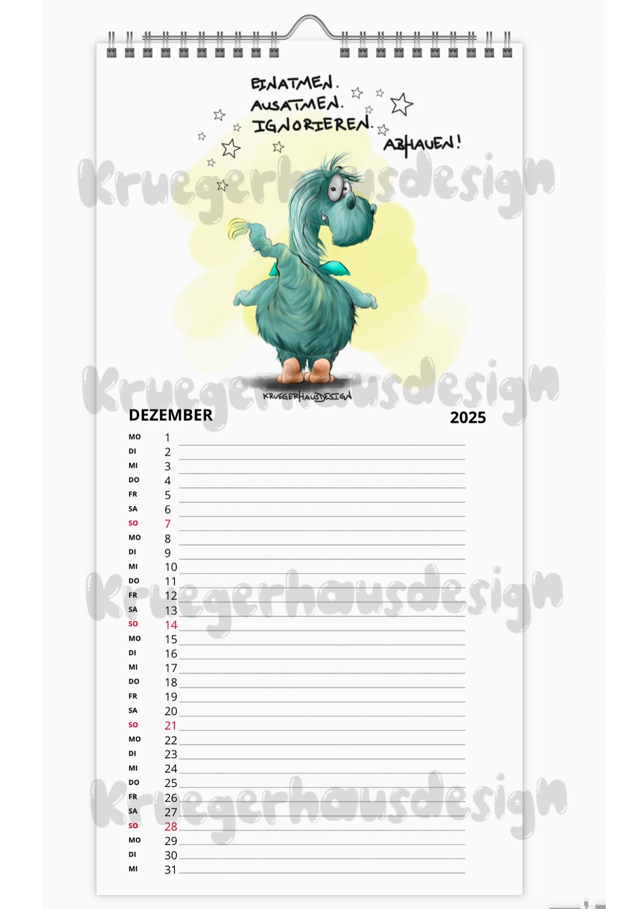 Kalender Terminkalender Küchenkalender groß  Kruegerhausdesign Monster 2025 Design  3