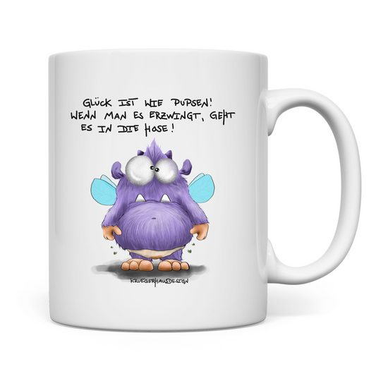 Tasse, Kaffeetasse, Teetasse, Kruegerhausdesign Monster mit Spruch, Glück ist wie Pupsen!... #139