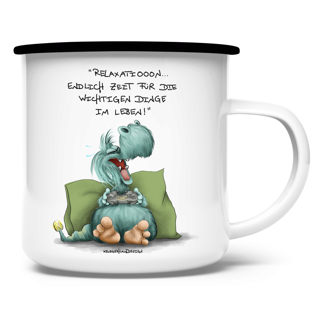 Emaille Tasse, Outdoor, Camping,  Kruegerhausdesign mit Monster und Spruch, Relaxation, endlich Zeit für die...#213