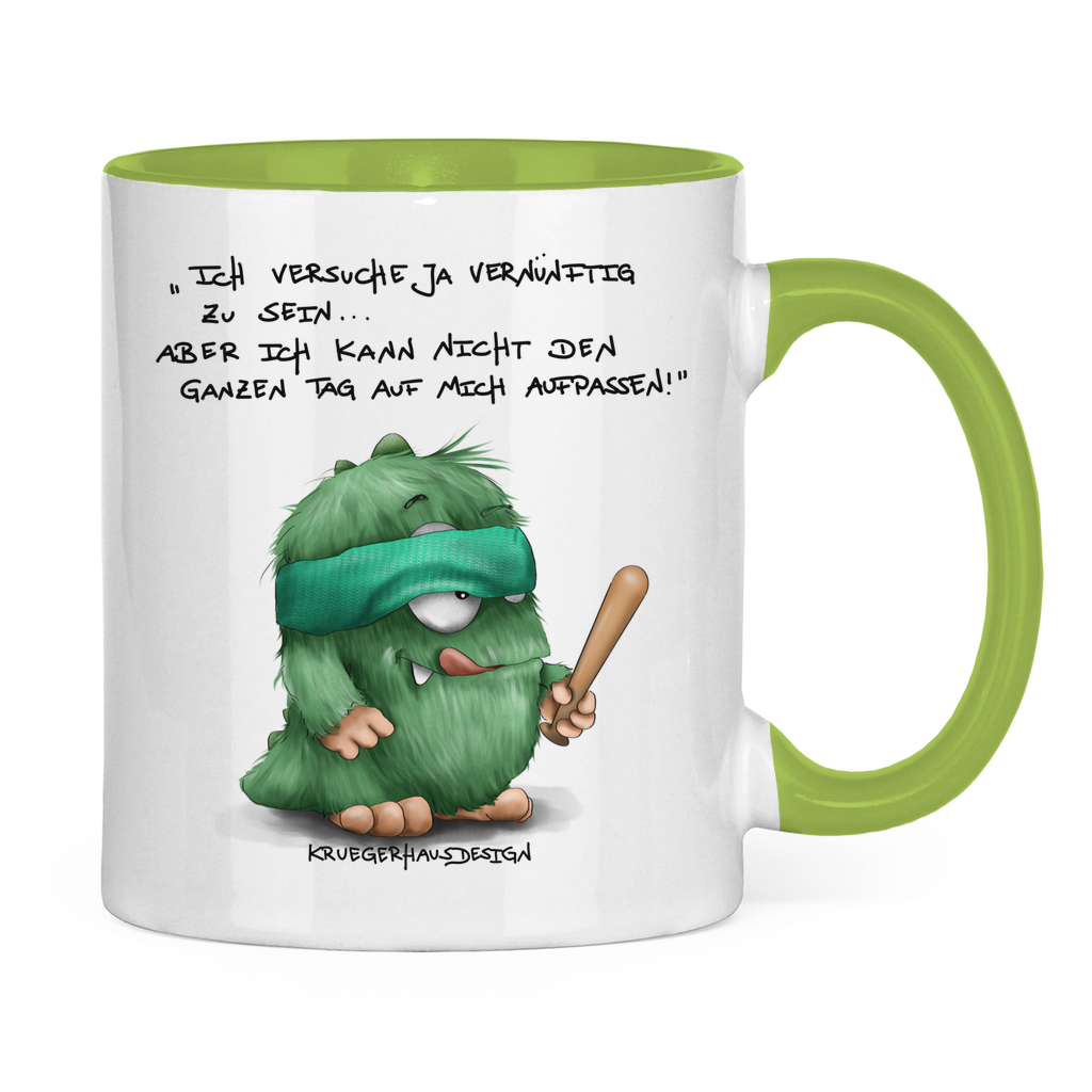 Tasse zweifarbig, Kaffeetasse, Teetasse, Kruegerhausdesign Monster mit Spruch, Ich versuche ja vernünftig... #172
