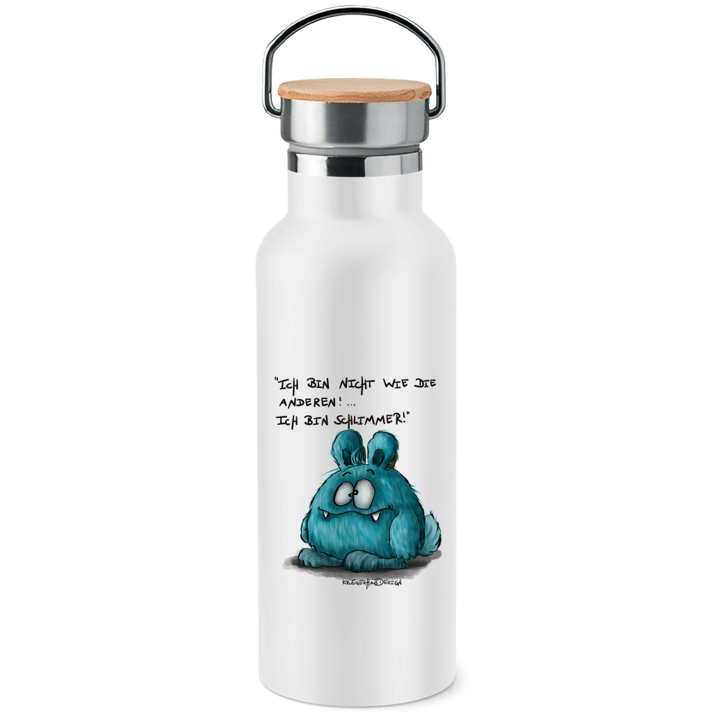 Edelstahl-Trinkflasche mit Bambusdeckel,  Kruegerhausdesign Monster mit Spruch, Ich bin nicht wie die anderen, blau #3a