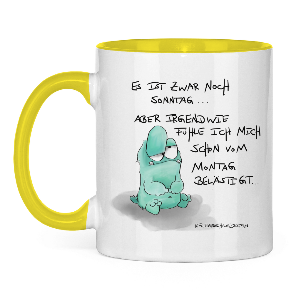 Tasse zweifarbig, Kaffeetasse, Teetasse, Kruegerhausdesign Monster mit Spruch, Es ist zwar noch Sonntag... #57
