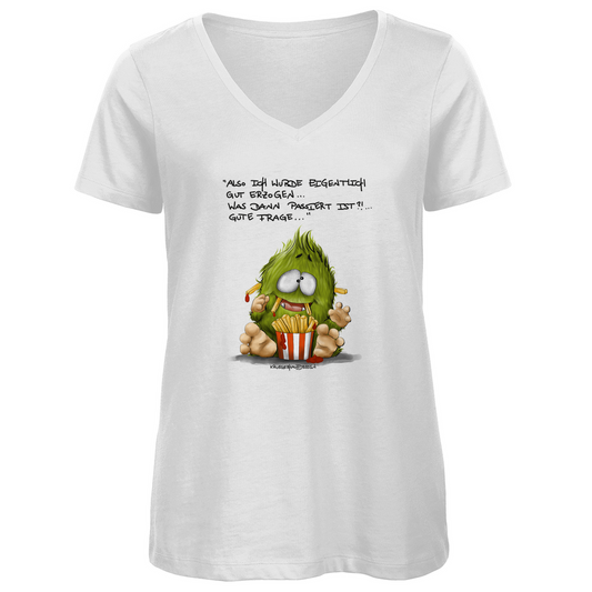 Damen Premium Bio V-Neck T-Shirt,  dunkle Schrift. Kruegerhausdesign Monster Spruch, Also eigentlich wurde ich...  297