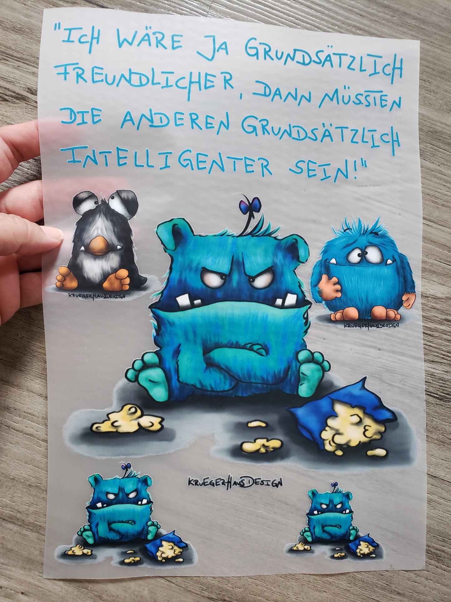A4 Bügelbild Kruegerhausdesign Monster,ich wäre ja...blaue Schrift, mit Liebe illustriert
