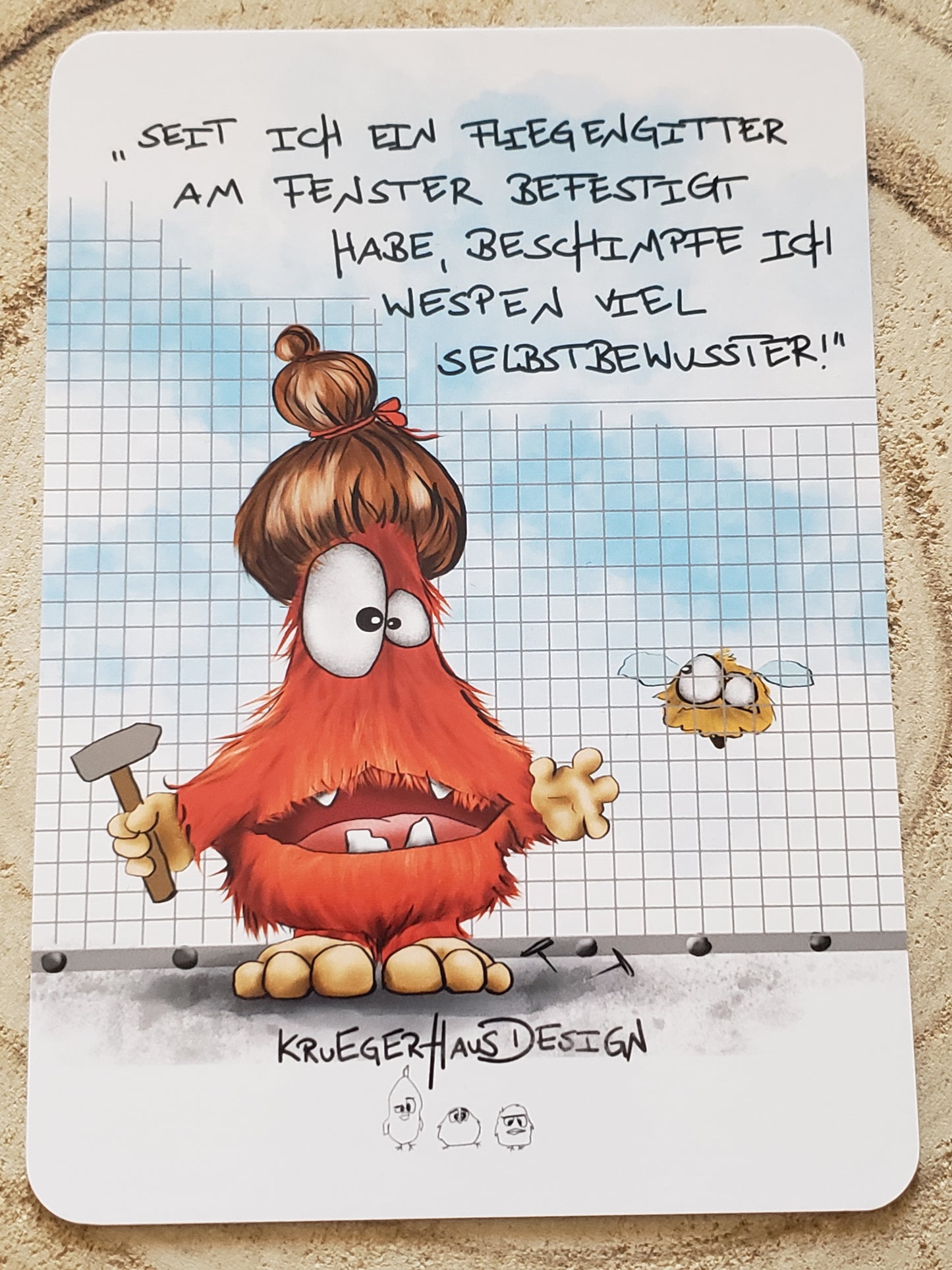 Postkarte Monster Kruegerhausdesign  " Seit ich ein Fliegengitter..."