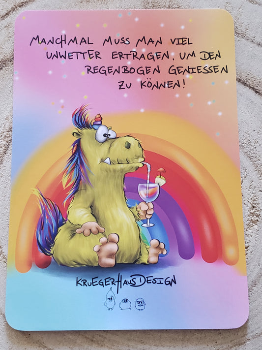 Postkarte Monster Kruegerhausdesign Einhorn "Manchmal muss man viiel Unwetter..."