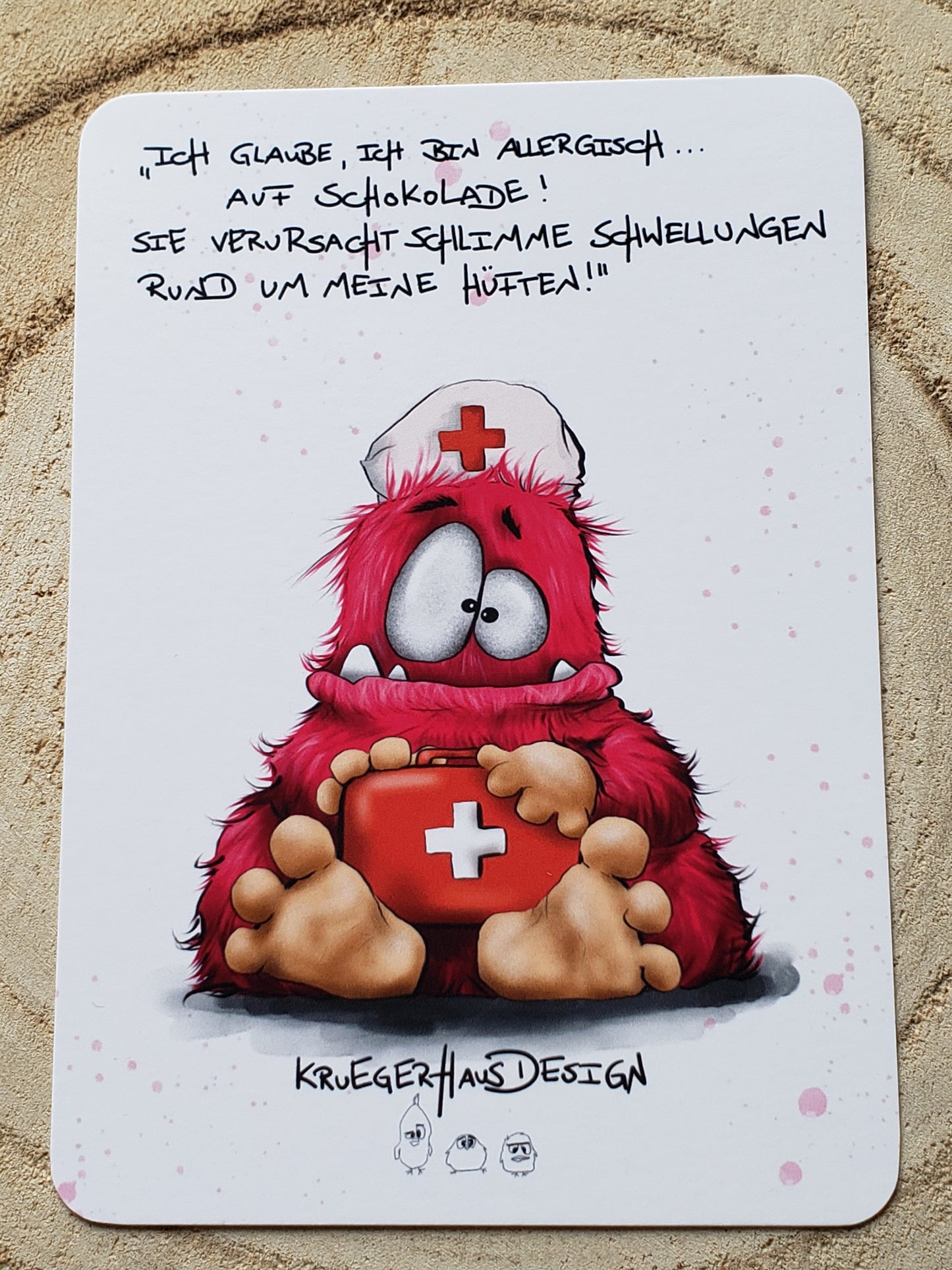 Postkarte Monster Kruegerhausdesign  "Ich glaube, ich bin allergisch... auf Schokolade!"