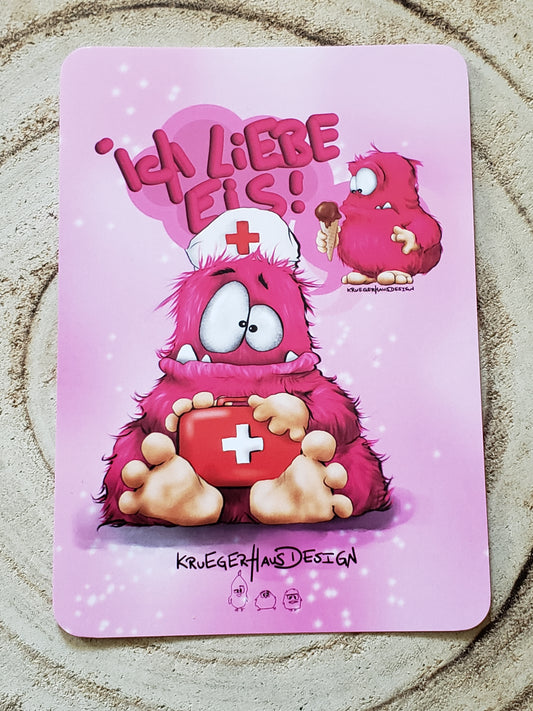 Postkarte Kruegerhausdesign Monster mit Spruch, Ich liebe Eis,  in pink
