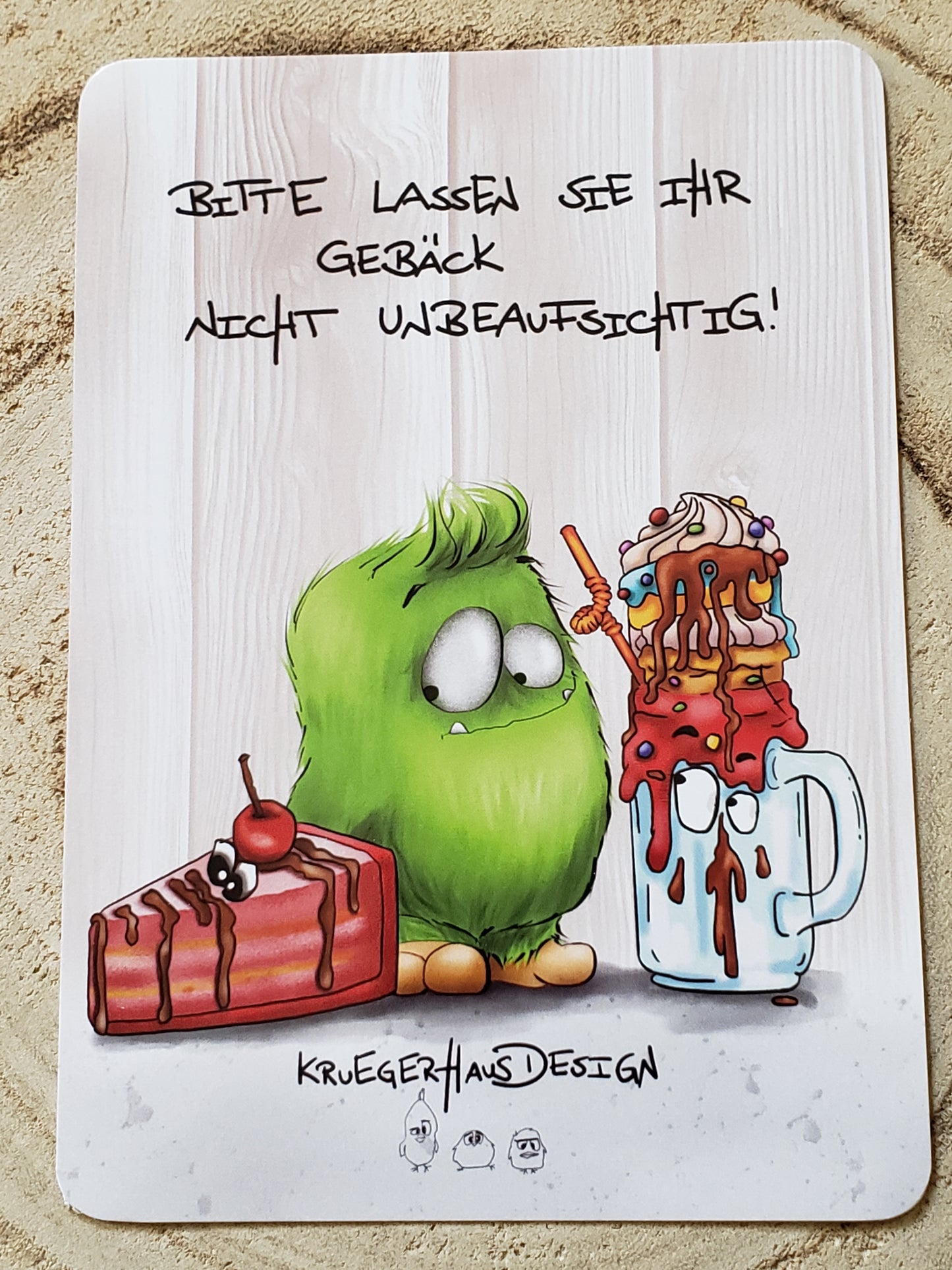 Postkarte Kruegerhausdesign Monster mit Spruch, Bitte lassen Sie Ihr Gebäck nicht unbeaufsichtigt!