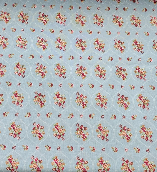 0,5m ,Westfalenstoffe Baumwolle, hellblau rot  Rosen Bouquet,Organic Cotton