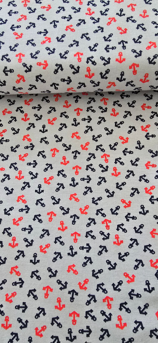 0,5m , Jersey Stoff, Baumwolle, grau rot navy Anker