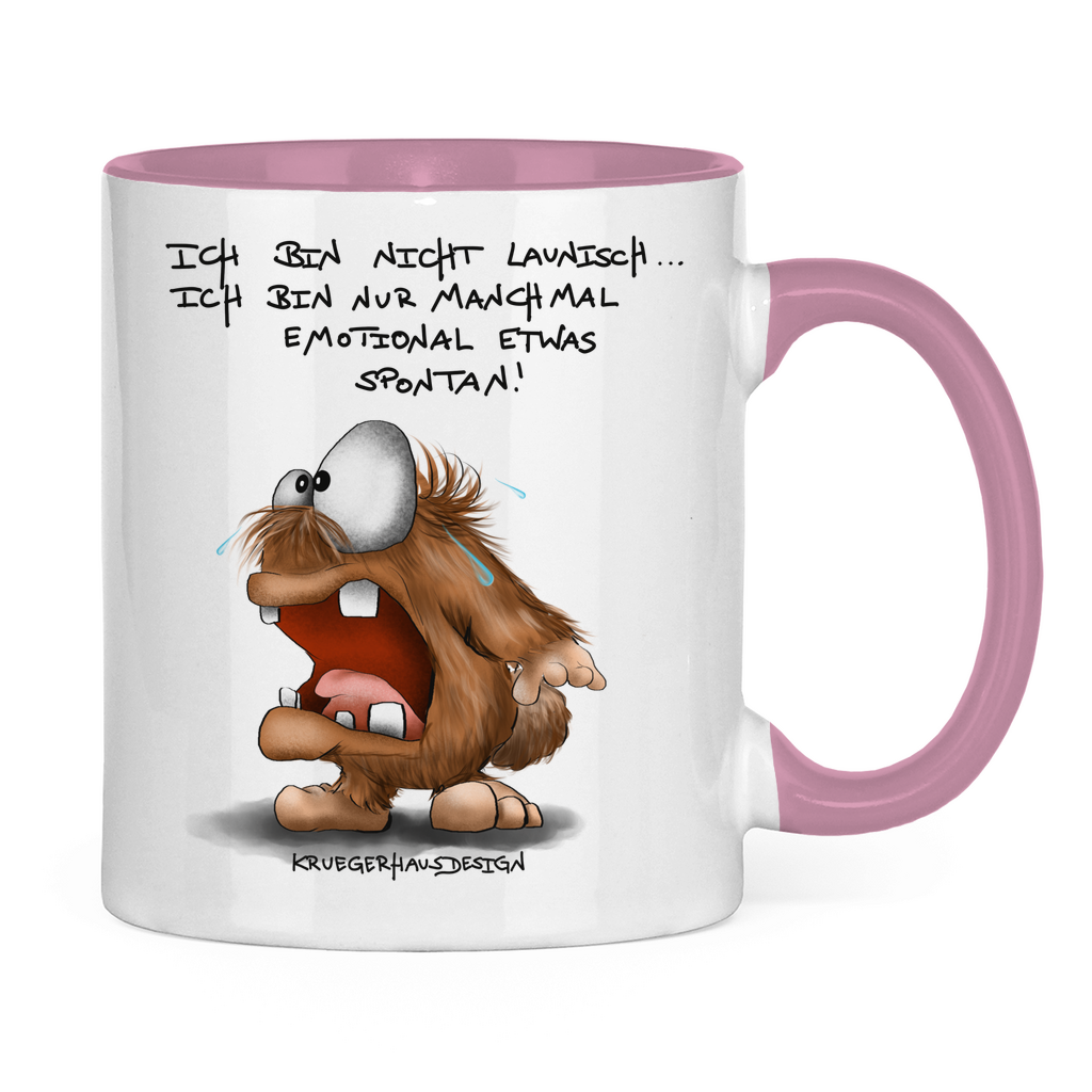 Tasse zweifarbig, Kaffeetasse, Teetasse, Kruegerhausdesign Monster mit Spruch, Hugo, ich bin nicht launisch...#174