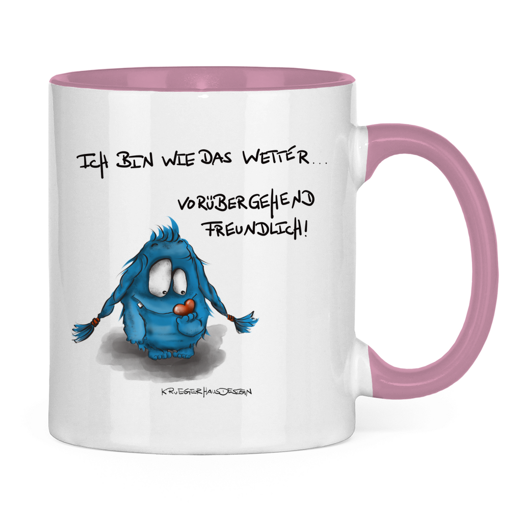 Tasse zweifarbig, Kaffeetasse, Teetasse,  Kruegerhausdesign Monster mit Spruch, Ich bin wie das Wetter... #50
