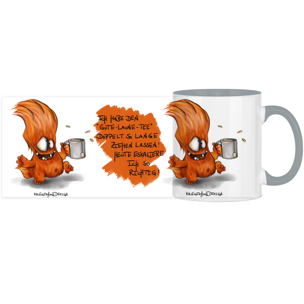 Tasse, Kaffeetasse, Teetasse, zweifarbig, Kruegerhausdesign Monster mit Spruch, 2. Variante, Ich hab den Gute-Laune-Tee...