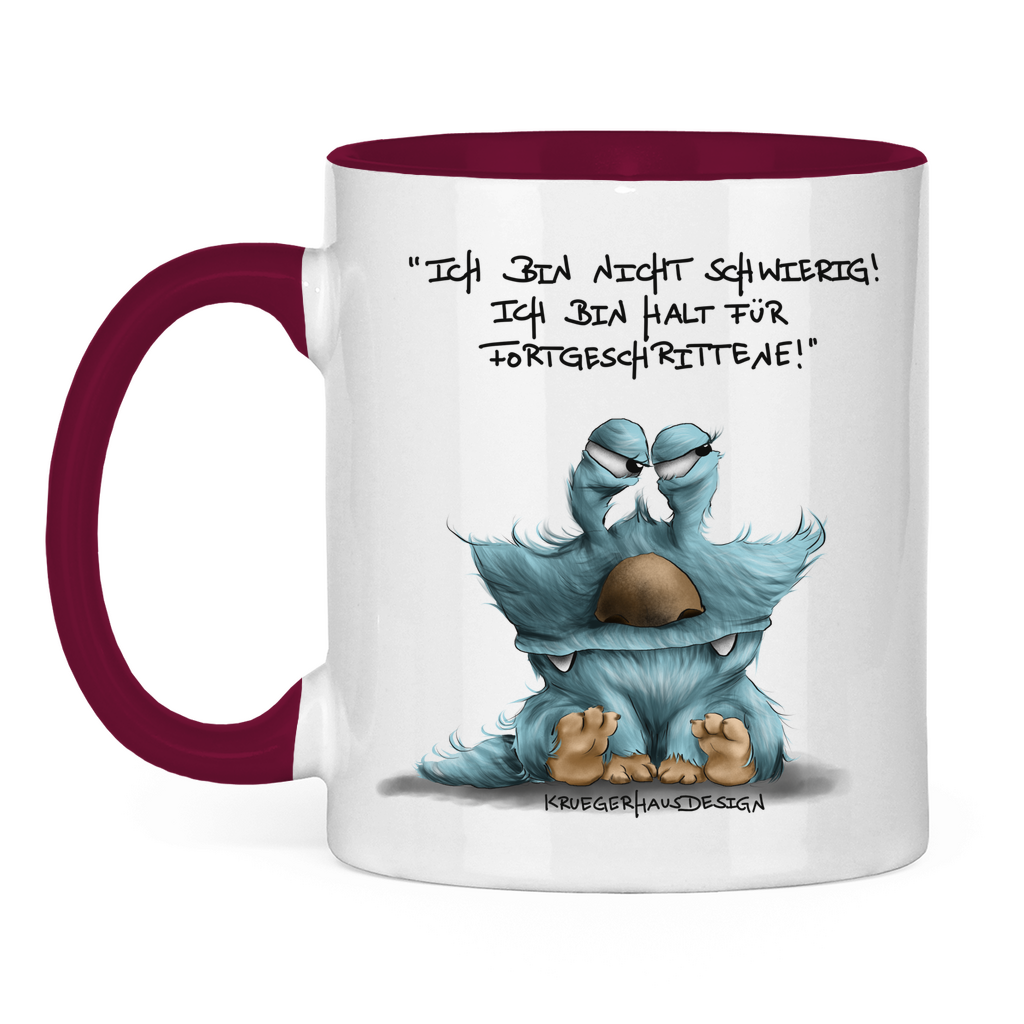 Tasse zweifarbig, Kaffeetasse, Teetasse, Kruegerhausdesign Monster mit Spruch, Ich bin nicht schwierig... #311