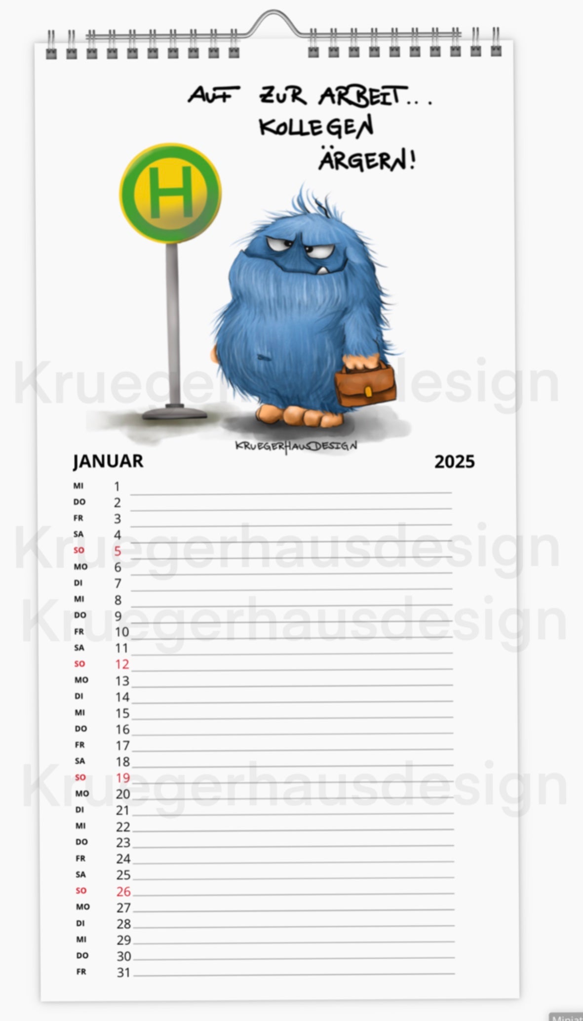 Kalender Terminkalender Küchenkalender groß  Kruegerhausdesign Monster 2025 Design  1