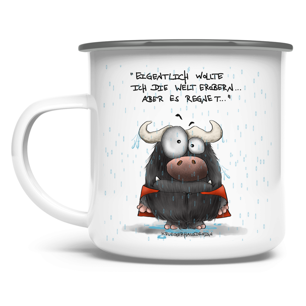 Emaille Tasse, Outdoor, Camping, Kruegerhausdesign Monster mit Spruch, Eigentlich wollte ich die Welt...  #163