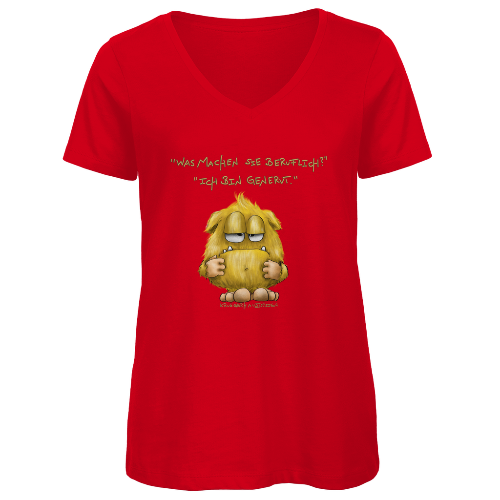 Damen Premium Bio V-Neck T-Shirt, Kruegerhausdesign Monster mit Spruch, Was machen Sie beruflich? Ich bin genervt... #110hell