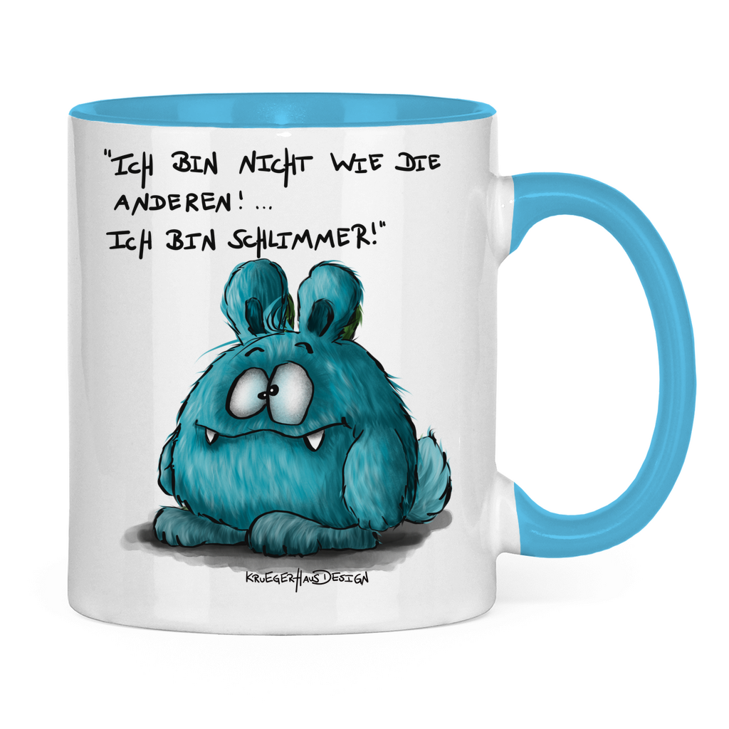 Tasse zweifarbig, Kaffeetasse, Teetasse, Kruegerhausdesign Monster mit Spruch, Ich bin nicht wie die anderen, blau #3a