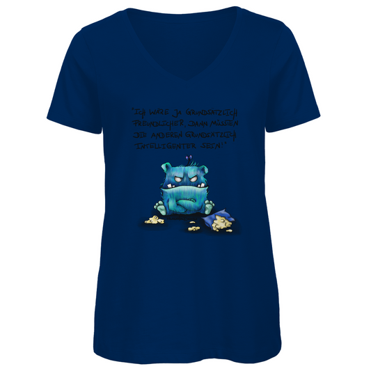 Damen Premium Bio V-Neck T-Shirt, Kruegerhausdesign mit Monster und Spruch, Ich wäre ja grundsätzlich... #34