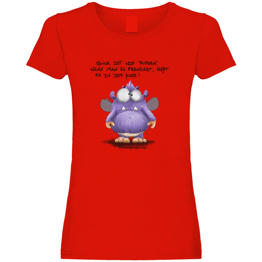 Damen Promo T-Shirt, Kruegerhausdesign Monster Spruch, schwarze Schrift, Glück ist wie Pupsen... #139