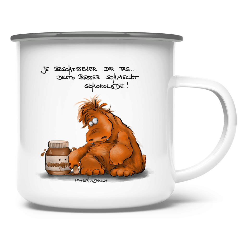 Emaille Tasse, Outdoor, Camping Tasse, Je beschissener der Tag... desto besser schmeckt Schokolade!