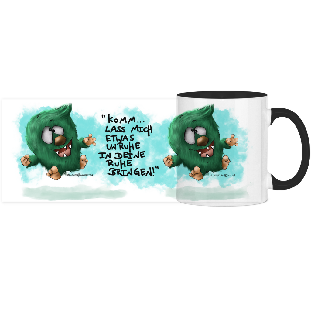 Tasse, Kaffeetasse, Teetasse, zweifarbig, Kruegerhausdesign Monster mit Spruch, 2. Variante, Komm lass mich etwas Unruhe...