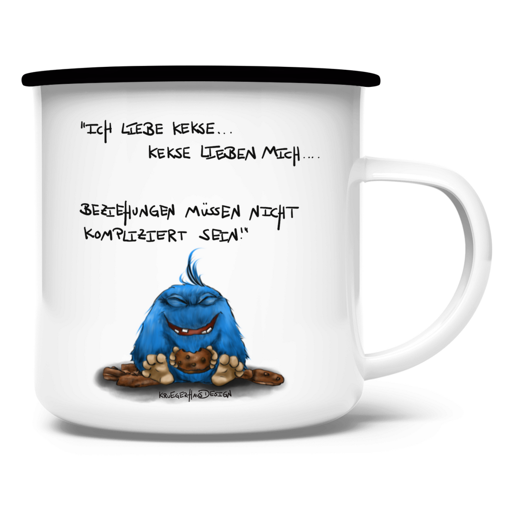 Emaille Tasse, Outdoor, Camping, Kruegerhausdesign Monster und Spruch, Ich liebe Kekse und Kekse lieben mich... #28