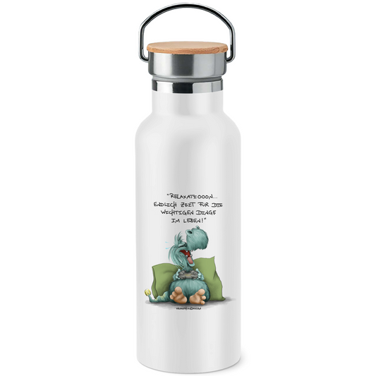 Edelstahl-Trinkflasche mit Bambusdeckel,  Kruegerhausdesign mit Monster und Spruch, Relaxation, endlich Zeit für die...#213
