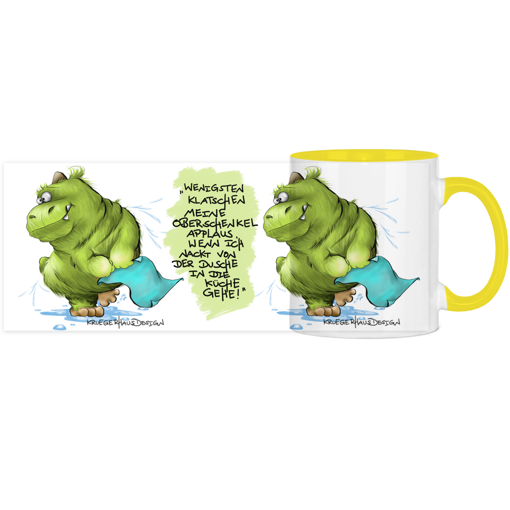 Tasse, Kaffeetasse, Teetasse, zweifarbig, Kruegerhausdesign Monster mit Spruch, 2. Variante, Wenigstens klatschen meine Oberschenkel...