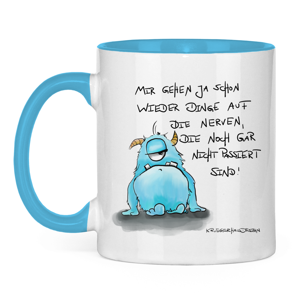 Tasse zweifarbig,Kaffeetasse, Teetasse, Kruegerhausdesign Monster mit Spruch, Mir gehen ja schon wieder Dinge auf die Nerven... #59