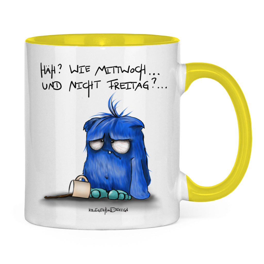 Tasse zweifarbig, Kaffeetasse, Teetasse, Kruegerhausdesign Monster mit Spruch, Häh?! Wie Mittwoch und nicht Freitag!... #25