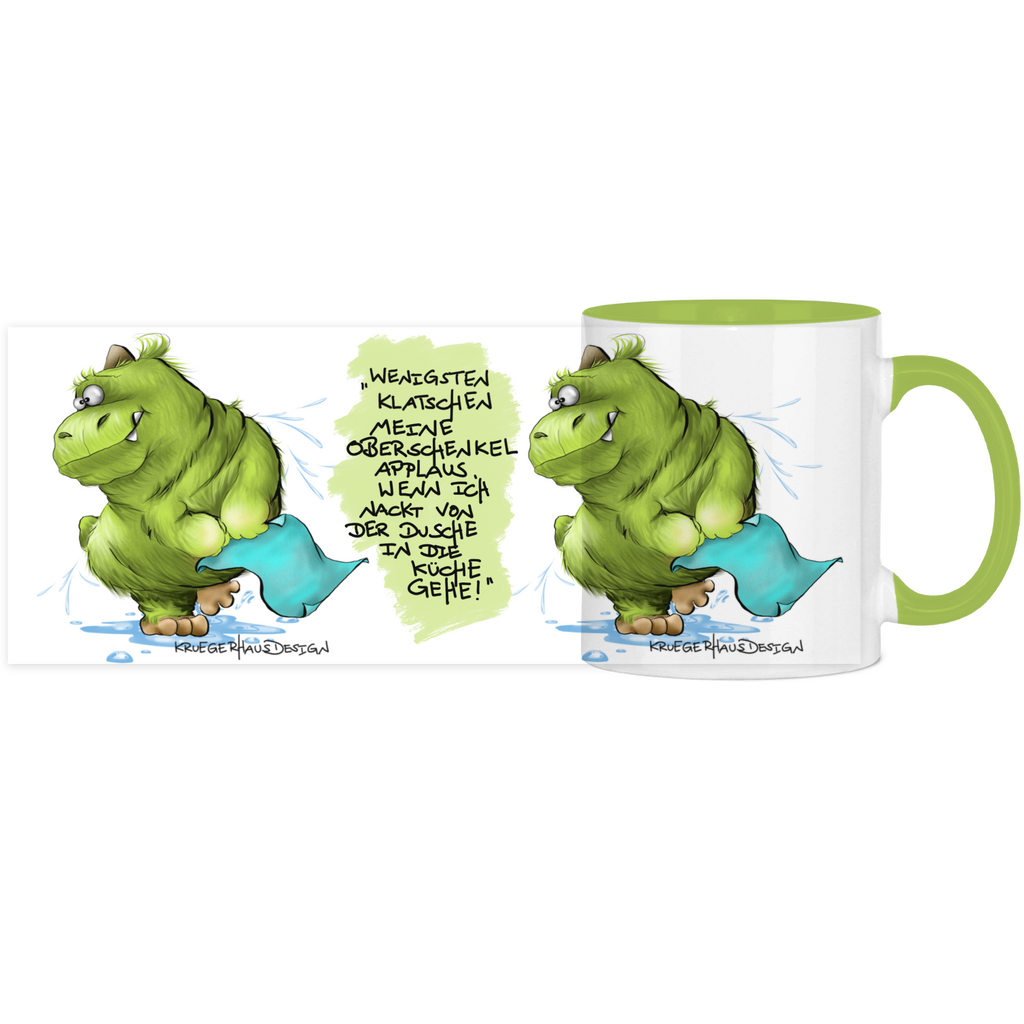 Tasse, Kaffeetasse, Teetasse, zweifarbig, Kruegerhausdesign Monster mit Spruch, 2. Variante, Wenigstens klatschen meine Oberschenkel...