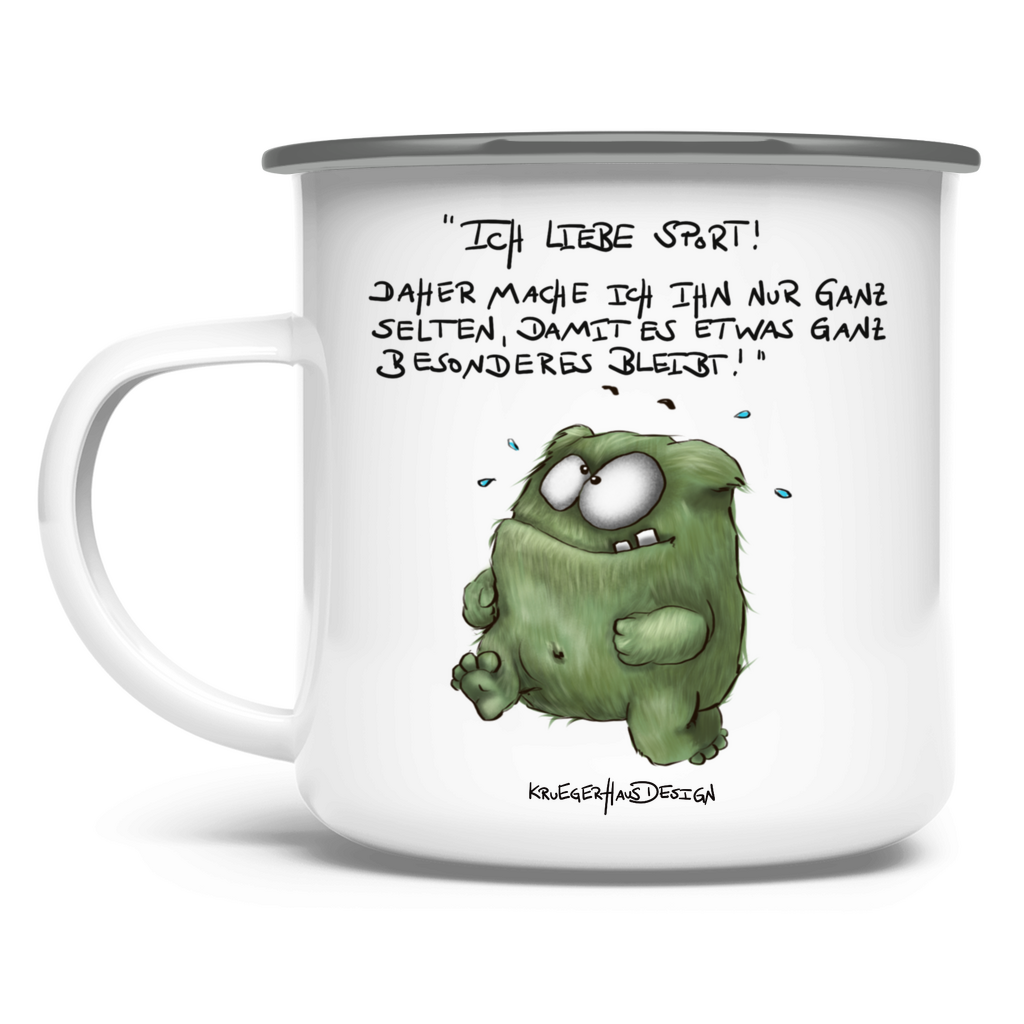 Emaille Tasse, Outdoor, Camping, Kruegerhausdesign Monster und Spruch, Ich liebe Sport! ... #27