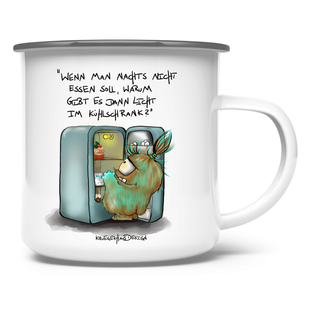 Emaille Tasse, Outdoor, Camping, Kruegerhausdesign Monster mit Spruch, Wenn man nachts nicht essen soll... #43