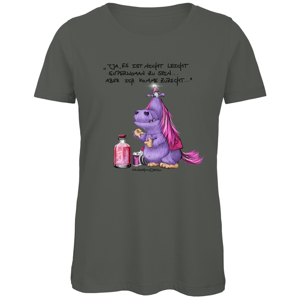 Damen Premium Bio T-Shirt, Kruegerhasudesign Monster mit Spruch,Tja, es ist nicht leicht Superwoman... #314 #314
