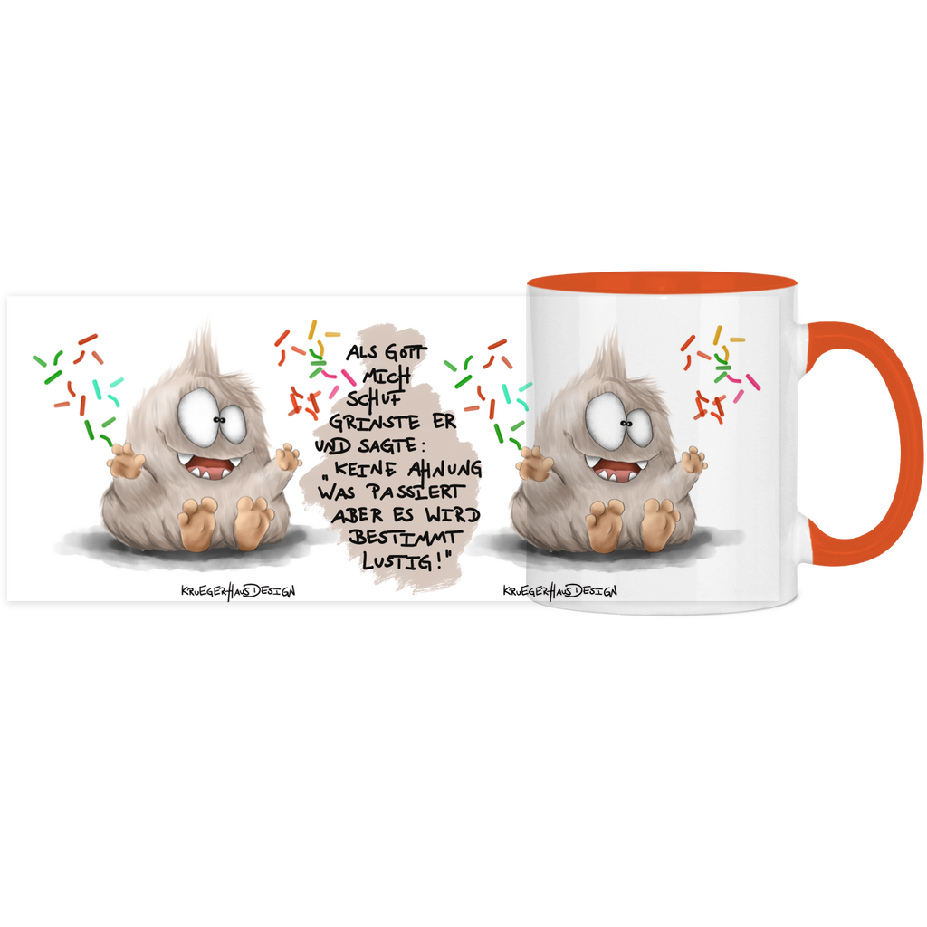 Tasse, Kaffeetasse, Teetasse, Kruegerhausdesign Monster mit Spruch, zweifarbig, 2. Vqariante, Als Gott mich schuf...